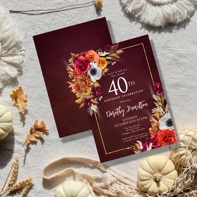 Invitation Bourgogne Automne Fleurs Élégant Script 40e Annive (Bold Fall Floral 40th Birthday Invitation. Available in Paper or Digital Download)