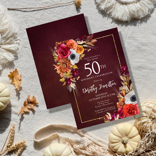 Invitation Bourgogne Automne Fleurs Élégant Script 50e Annive (Fall Flowers and a Burgundy Red Background Create a Dramatic 50th Birthday Invitation)