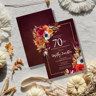 Invitation Bourgogne Automne Fleurs Élégant Script 70e Annive