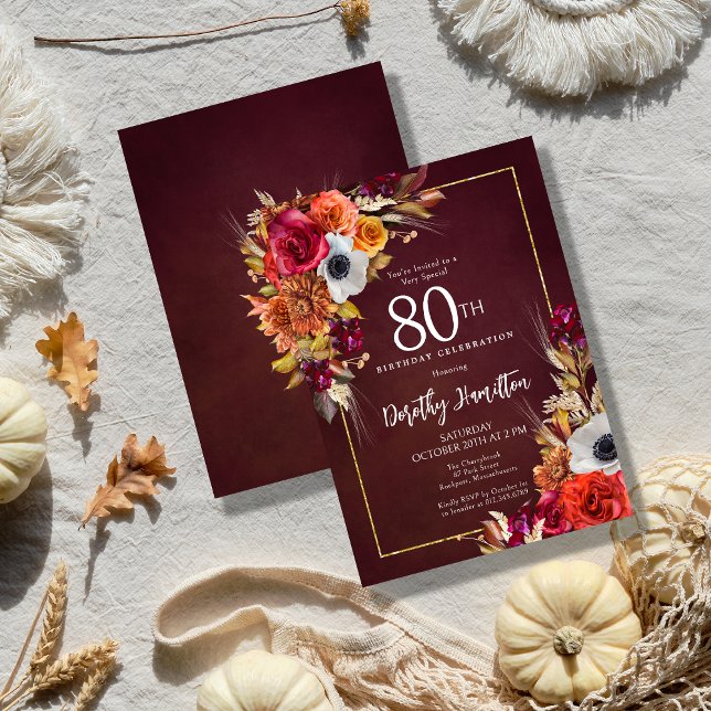 Invitation Bourgogne Automne Fleurs Élégant Script 80e Annive (Elegant Fall Flowers on a Burgundy Background Create a Dramatic Autumn birthday invitation)