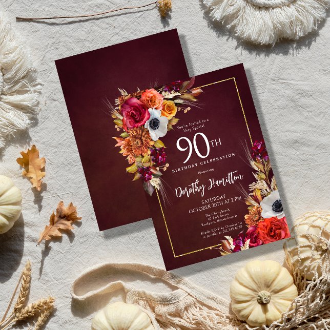 Invitation Bourgogne Automne Fleurs Élégant Script 90e Annive (Créateur téléchargé)