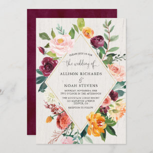 Invitation Bourgogne automne floral rustique automne mariage