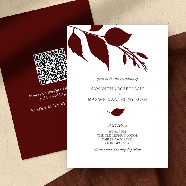 Invitation Bourgogne avec code QR (QR code fall wedding invitation botanical burgundy leaves minimalistic)