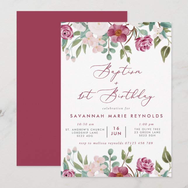 Invitation Bourgogne & Baptême Floral Rose & 1er Anniversaire (Devant / Derrière)