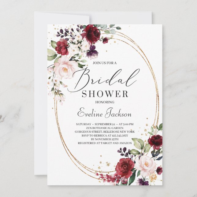 Invitation Bourgogne bleu rose floral or vert nuptiale (Devant)