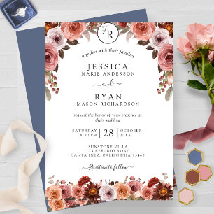 Invitation Bourgogne, Blush et Mariage floral bleu