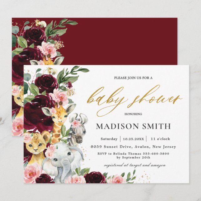 Invitation Bourgogne Blush Floral Jungle Animaux Baby shower (Devant / Derrière)