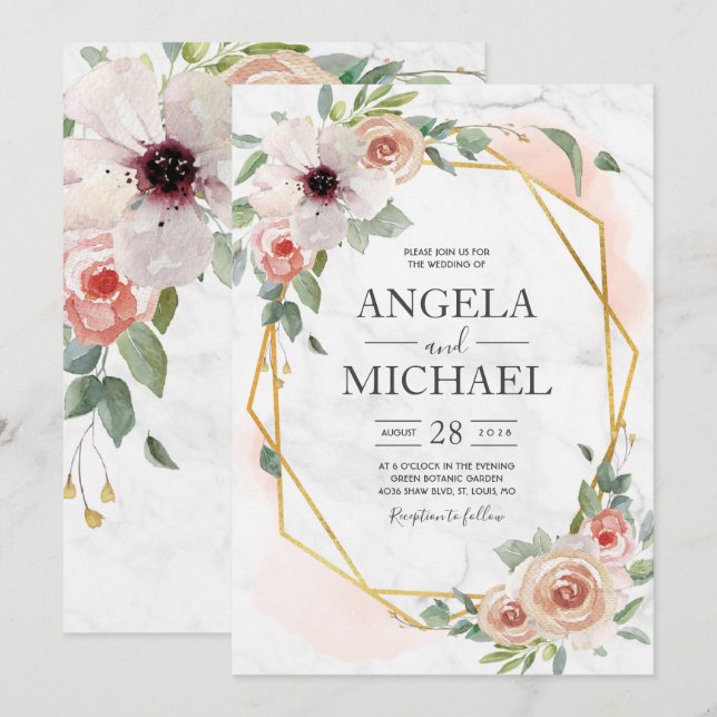 Invitation Bourgogne Blush Rose Gold Floral (Devant / Derrière)