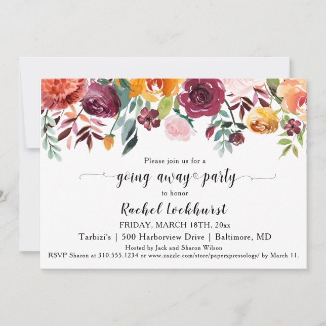 Invitation Bourgogne Blush Rose Orange Floral Départ Fête (Devant)