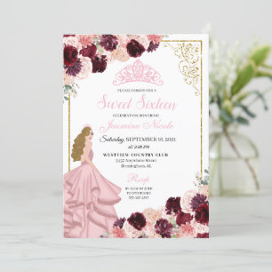 Invitation Bourgogne Blush rose Sweet sixteen Floral Annivers