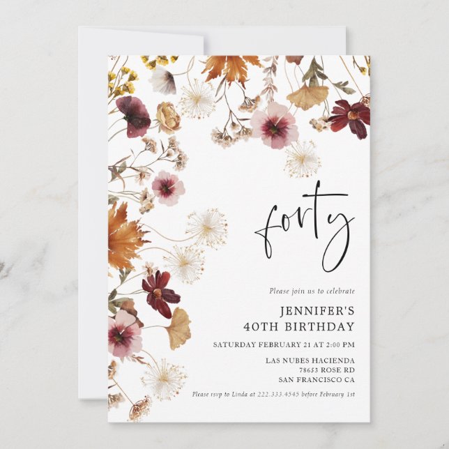 Invitation Bourgogne Boho Automne Floral 40e Anniversaire (Devant)