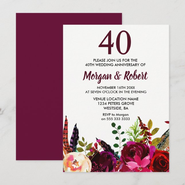 Invitation Bourgogne Boho Flowers 40e anniversaire de Mariage (Devant / Derrière)