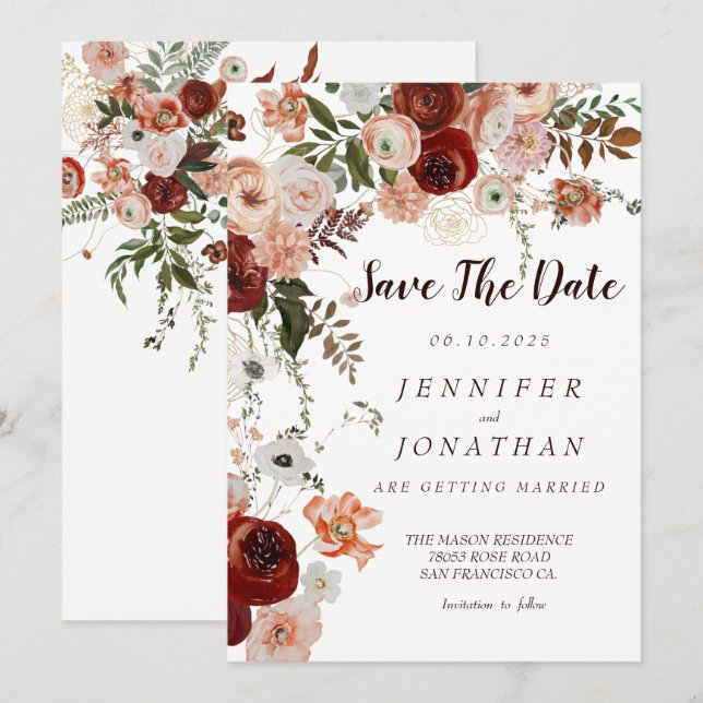 Invitation Bourgogne Boho Gold Floral Enregistrer les dates (Devant / Derrière)