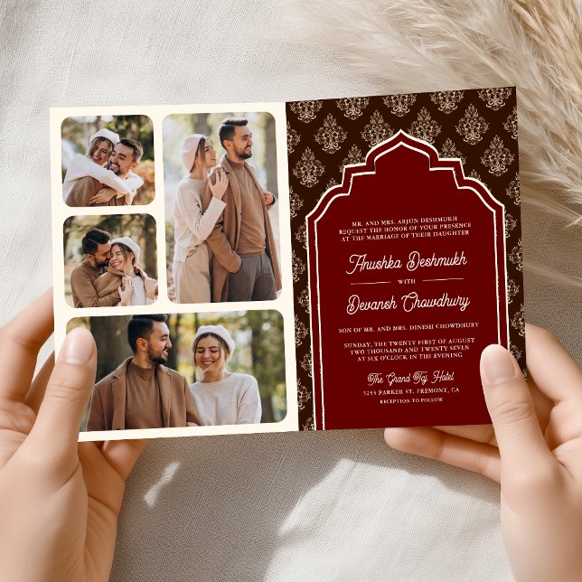Invitation Bourgogne Brown Ikat Photo Collage Mariage indien (Créateur téléchargé)