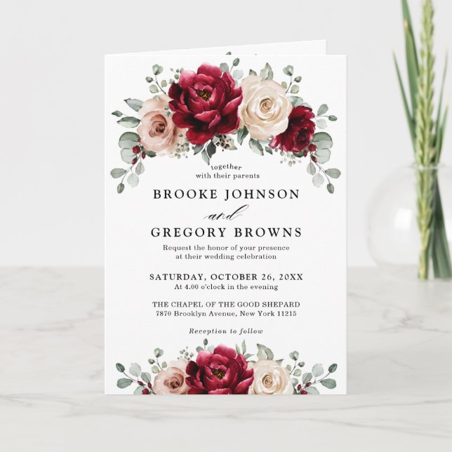 Invitation Bourgogne Champagne Ivory Mauve Rose Floral Mariag (Devant)