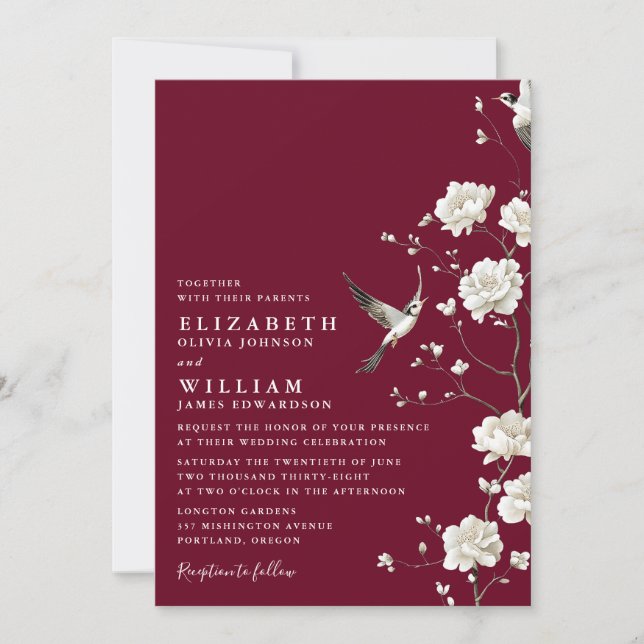 Invitation Bourgogne Chinoiserie Florale Tout en un Mariage (Devant)