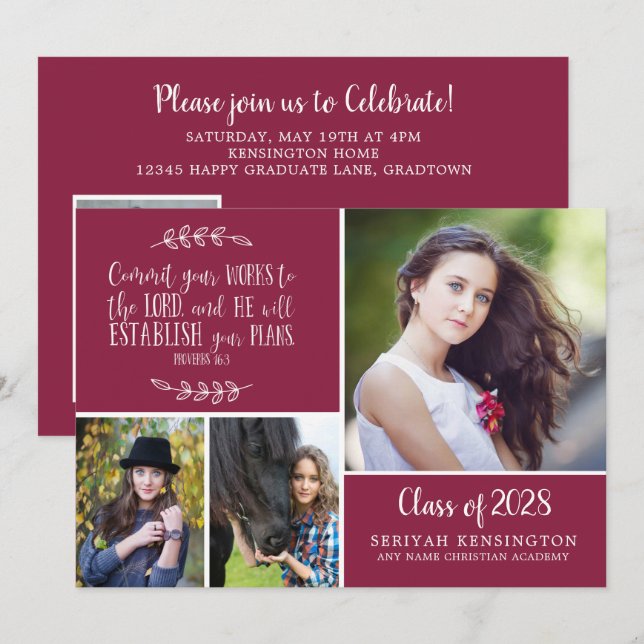 Invitation Bourgogne Christian Proverbs Graduation (Devant / Derrière)