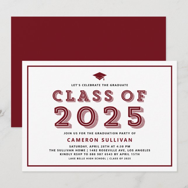 Invitation Bourgogne Classe de 2025 Casquette Rétro Graduatio (Devant / Derrière)