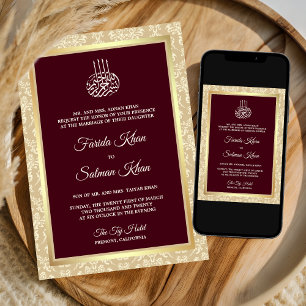 Invitation Bourgogne Crème Damassé Mariage Islamique Musulman