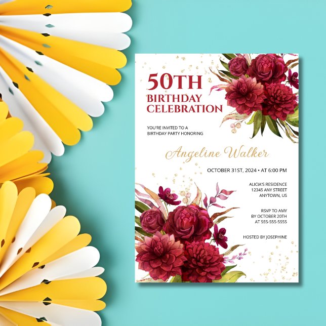 Invitation Bourgogne Dahlia Rose Floral Parties scintillant o (Créateur téléchargé)