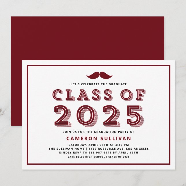 Invitation Bourgogne de 2025 Mustache Rétro Graduation (Devant / Derrière)