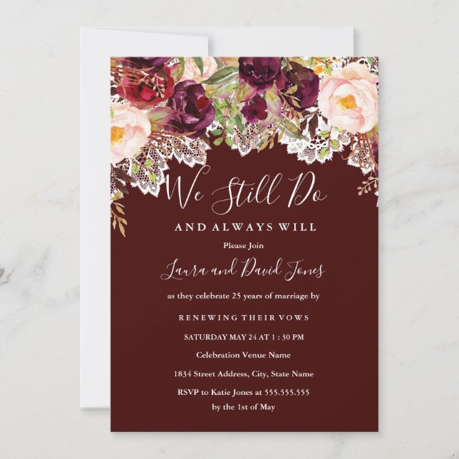 Invitation Bourgogne Dentelle Florale Mariage Renouvellement  (Devant)