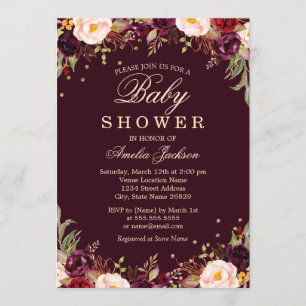 Invitation Bourgogne doré Élégant Fleurs Baby Shower