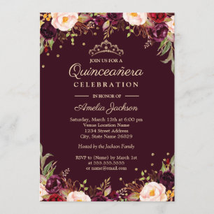 Invitation Bourgogne doré Élégant floral Quinceanera