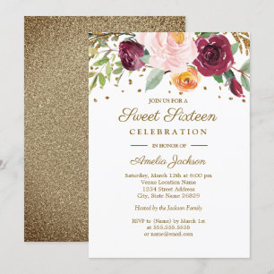 Invitation Bourgogne doré floral pailleté Sweet Sixteen