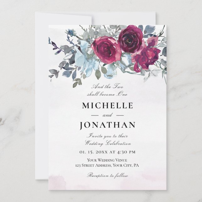 Invitation Bourgogne Dusty Blue Rose Floral Mariage chrétien (Devant)