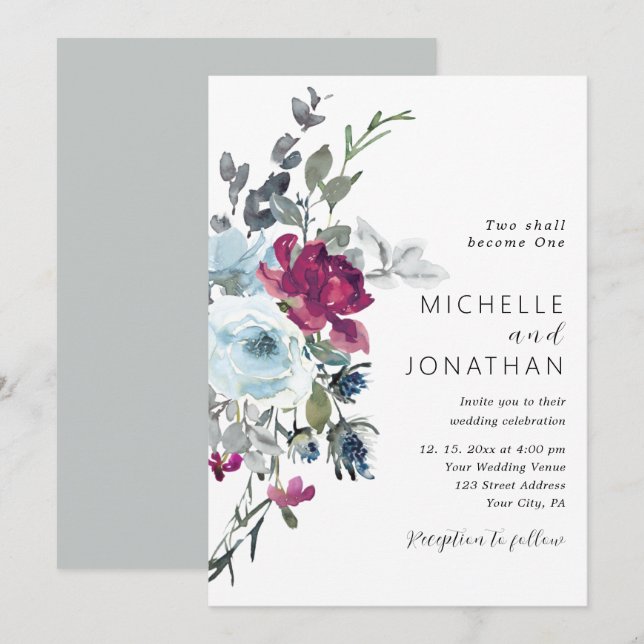 Invitation Bourgogne Dusty Blue Rose Floral Mariage chrétien (Devant / Derrière)