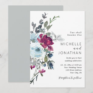 Invitation Bourgogne Dusty Blue Rose Floral Mariage chrétien