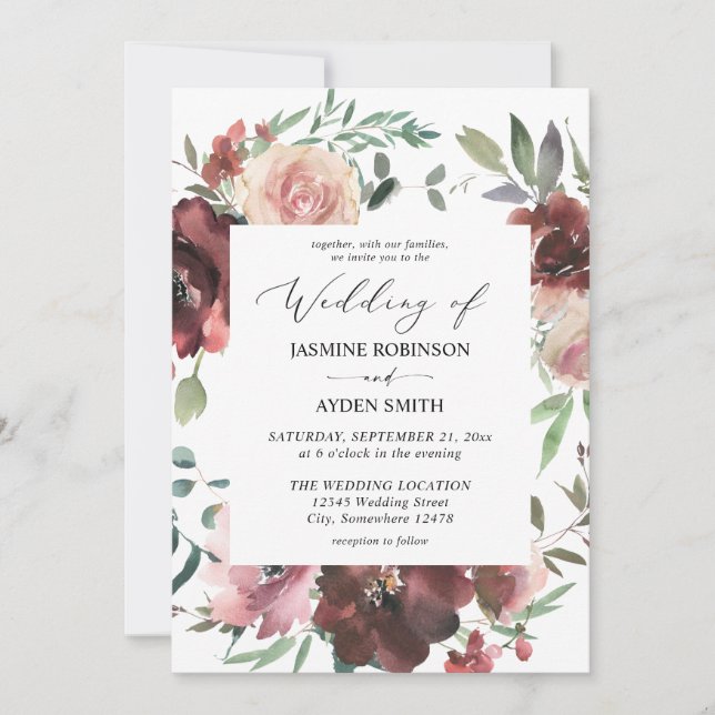 Invitation Bourgogne & Dusty Blush Pink 5 Floral (Devant)