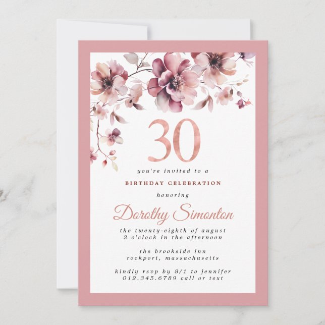 Invitation Bourgogne Dusty Blush rose floral 30e anniversaire (Devant)