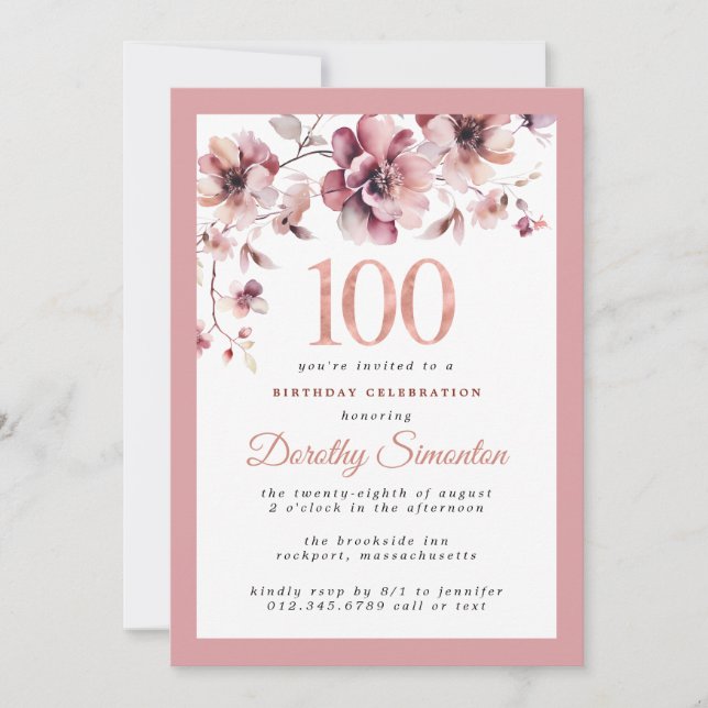 Invitation Bourgogne Dusty Rose Floral 100e anniversaire (Devant)