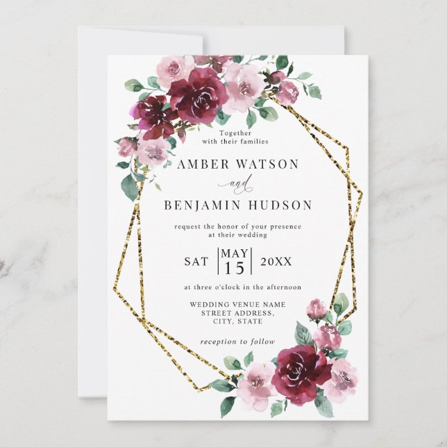 Invitation Bourgogne Dusty Rose Gold Foil Mariage Floral (Devant)