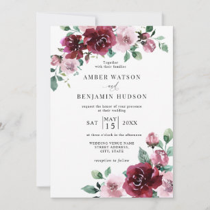 Invitation Bourgogne & Dusty Rose rose floral marron Mariage