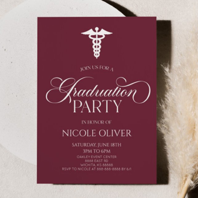 Invitation Bourgogne Élégant Caducée Médicale (Créateur téléchargé)