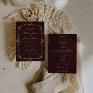 Invitation Bourgogne Élégant Fleurs Vieille Fortune Robe de M