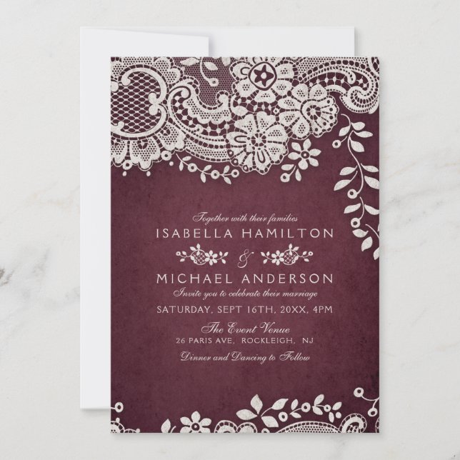 Invitation Bourgogne élégant vintage dentelle mariage rustiqu (Devant)