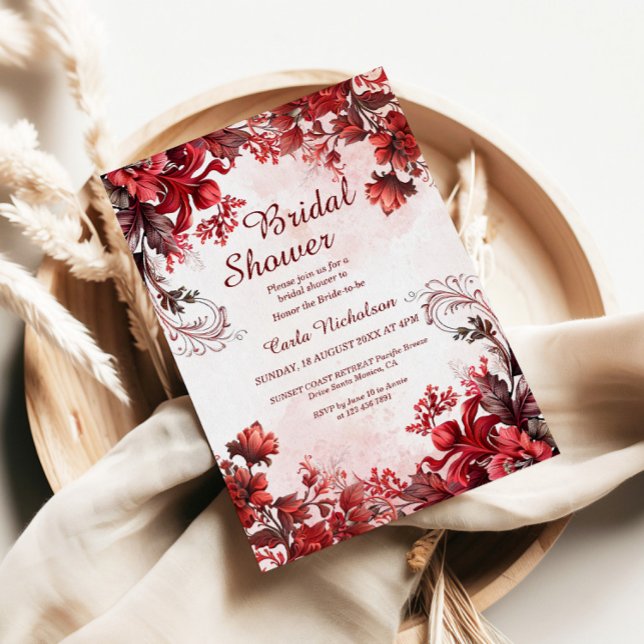 Invitation Bourgogne Élégante Florale Douche nuptiale Invitat (Créateur téléchargé)
