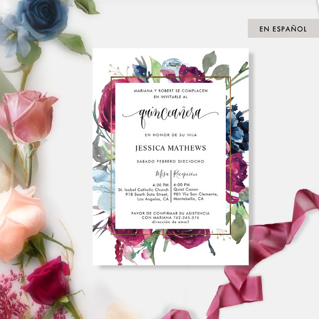 Invitation Bourgogne espagnole, Quinceañera Florale Bleue (Créateur téléchargé)
