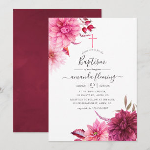 Invitation Bourgogne et Automne Fleurie Rose Baptême