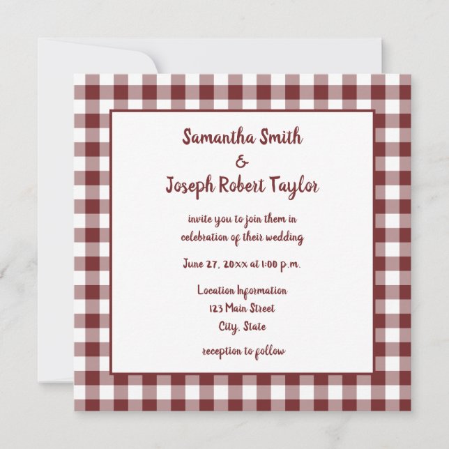 Invitation Bourgogne et blanc En vichy Plaid Mariage (Devant)