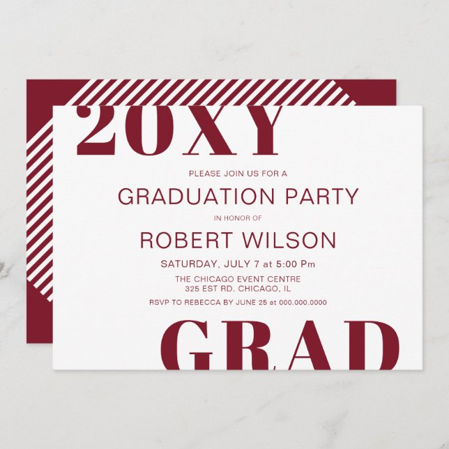 Invitation Bourgogne et blanc Gras Typographie Graduation (Devant / Derrière)