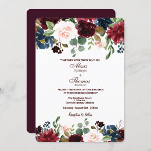 Invitation Bourgogne et bleu Mariage anglais Fleurs