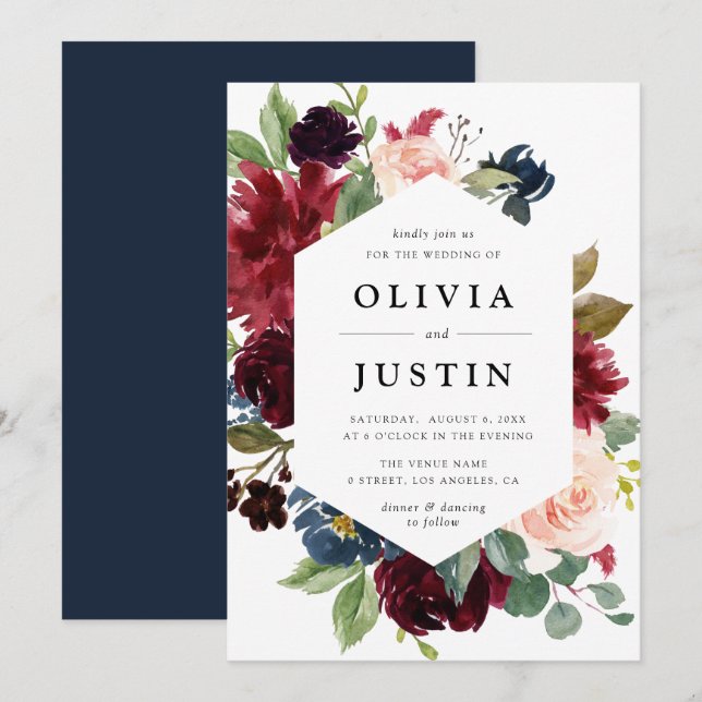 Invitation Bourgogne et bleu marine cadre floral mariage (Devant / Derrière)