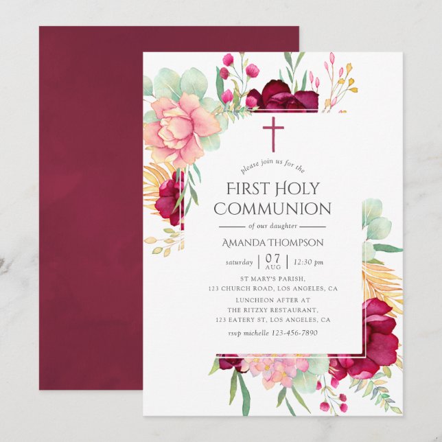 Invitation Bourgogne et Blush Floral Première communion saint (Devant / Derrière)