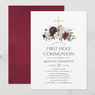 Invitation Bourgogne et Blush Floral Première communion saint