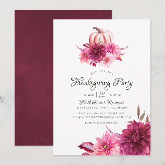 Invitation Bourgogne et Blush Floral Thanksgiving Party (Devant / Derrière)